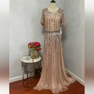 MAC DUGGAL Butterfly Sleeve Sequin Stripe A Line Rose Pink Gown NEW Size 4